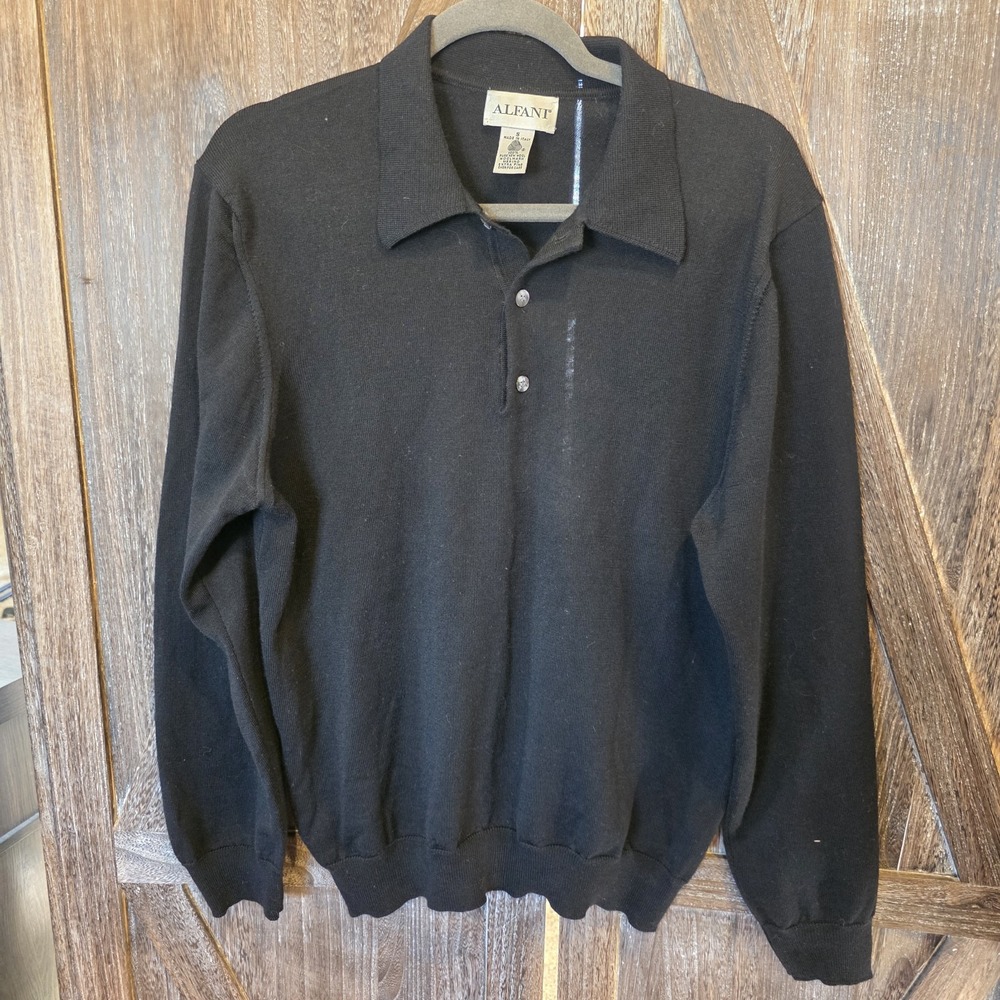 Alfani Sweater Adult‎ Size Small Black 100% Merino Wool Collared Long Sleeve